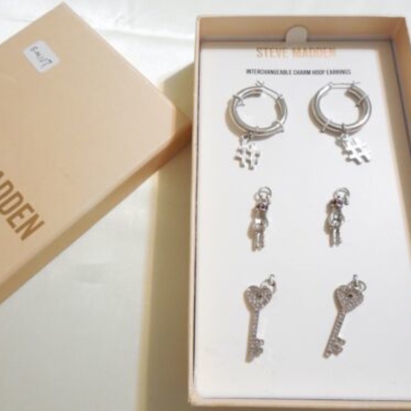 Steve Madden Jewelry - Steve Madden Silver-Tone Hoop Earrings With Interchangeable Charm Gift Set